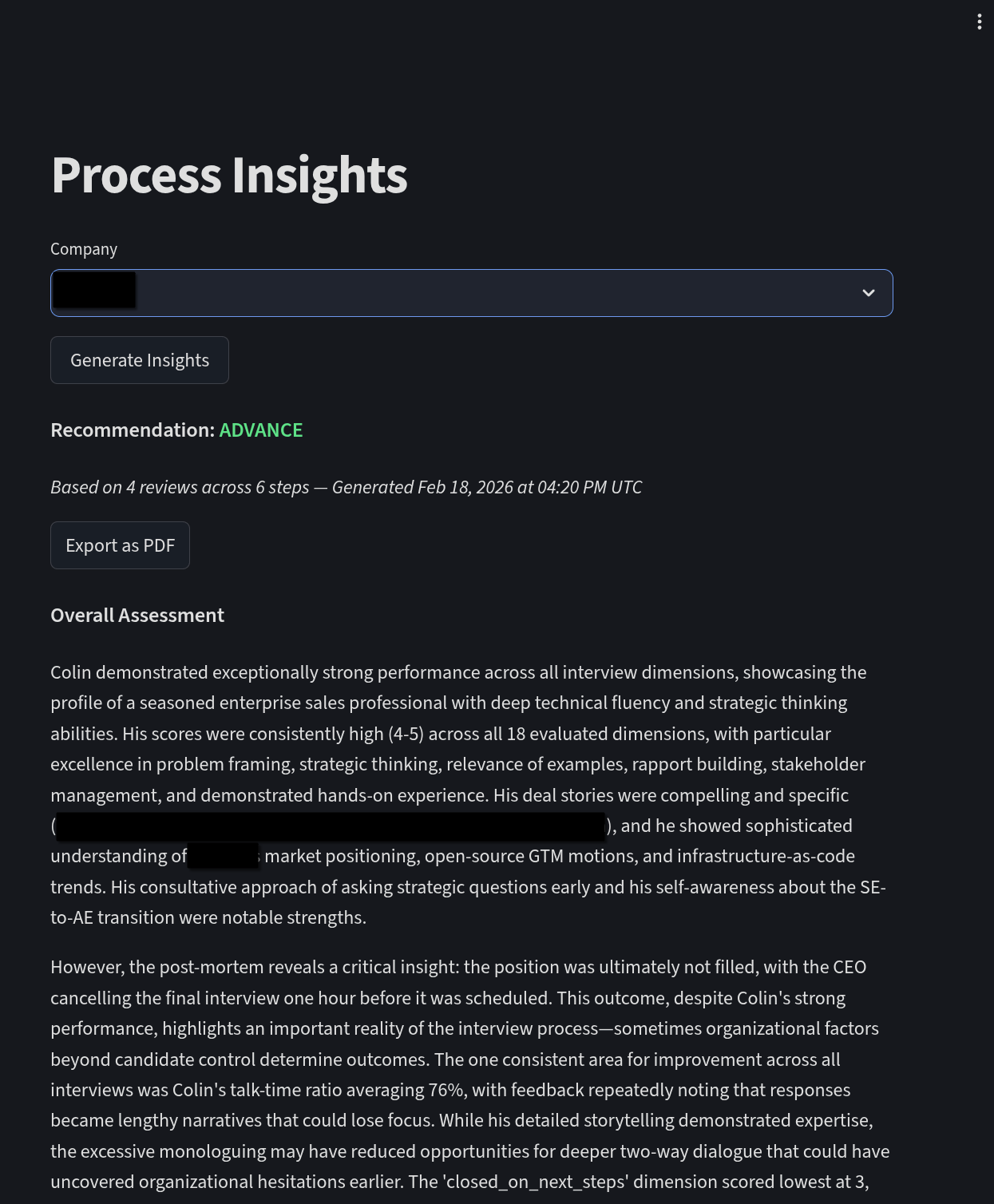 Process Insights — AI-generated assessment with advance/pass/fail recommendation