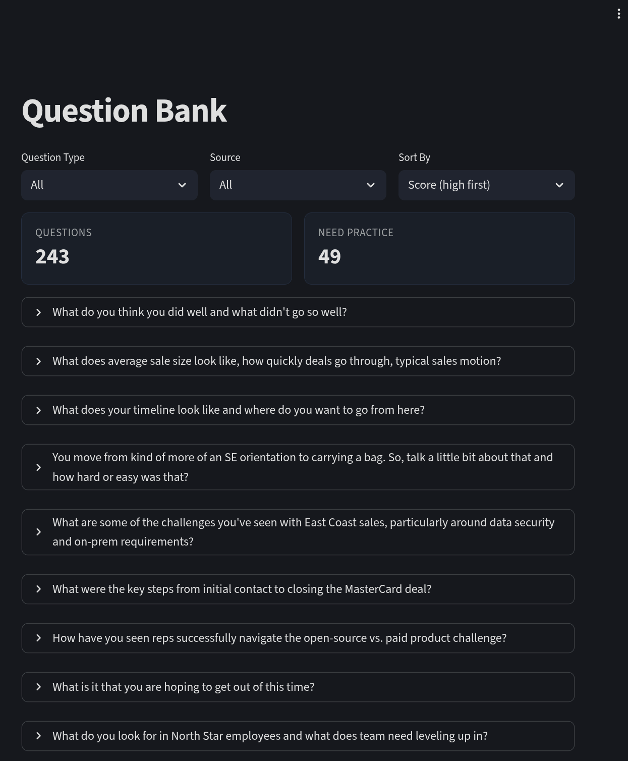 Question Bank — 243 questions tracked with filtering by type and source