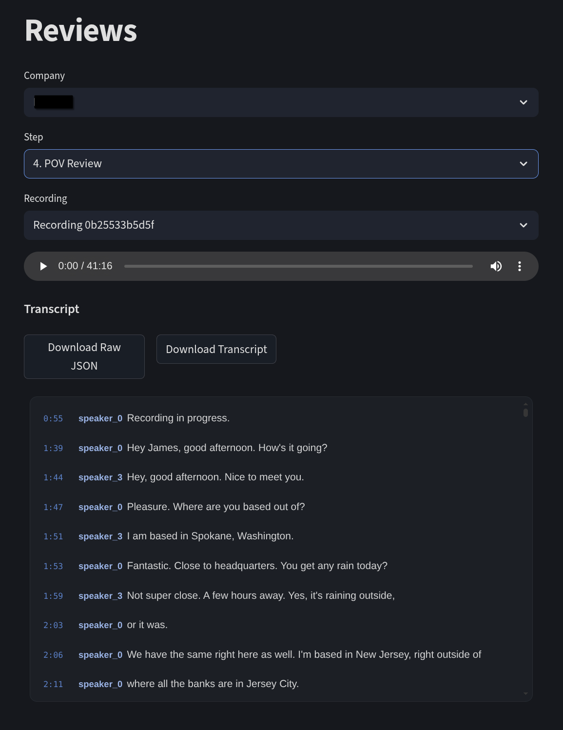 Reviews — diarized transcript playback with timestamped speaker labels